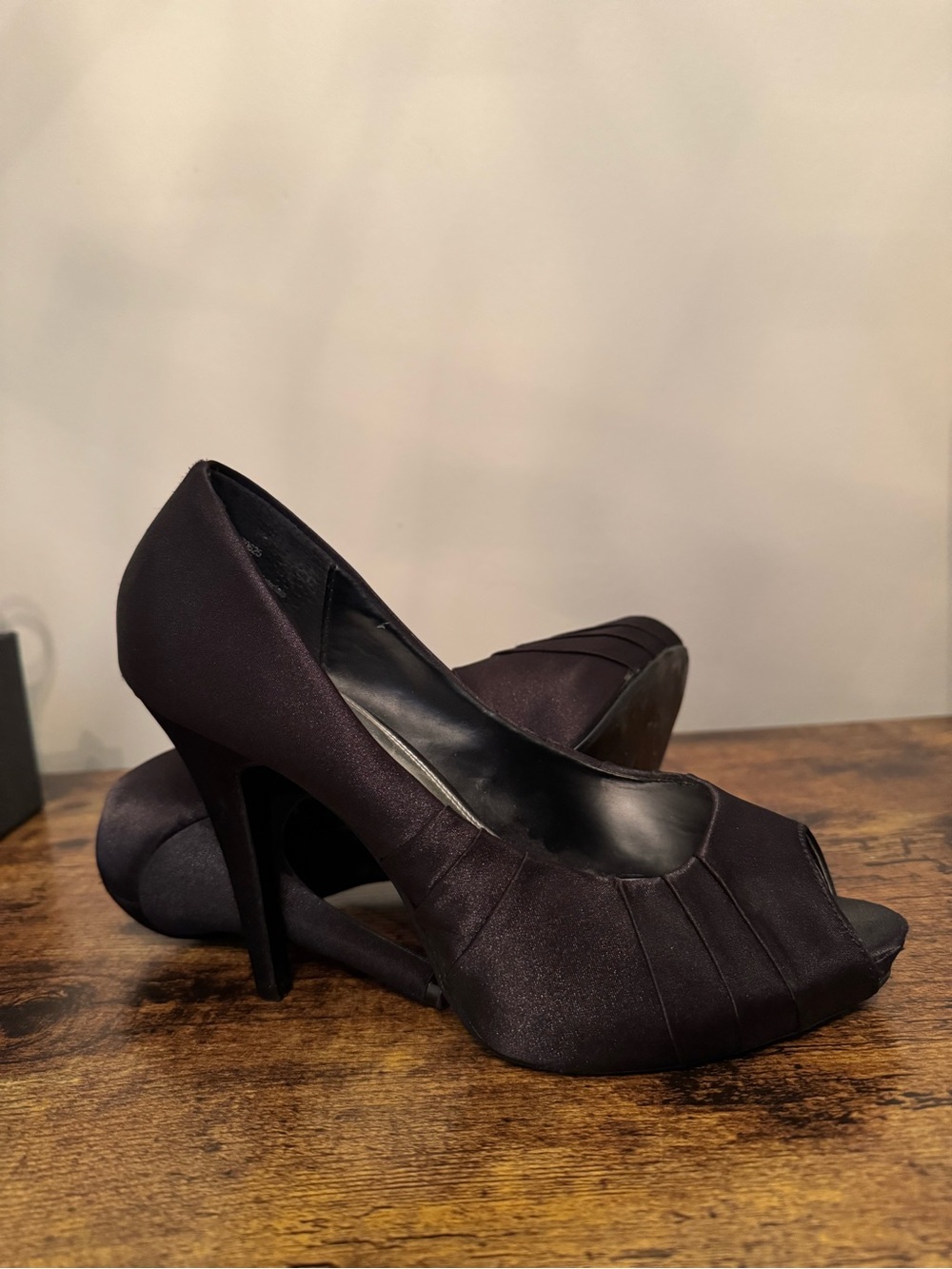 Women's Black Satin Peep-Toe High Heels